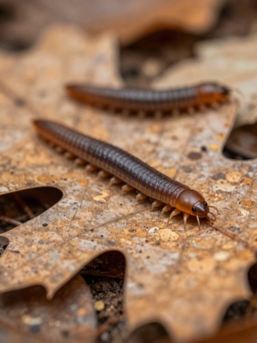 Macro top-down view of Magic Potion isopods crawling on decaying oak leaves, forest floor texture, warm earthy colors, shallow depth of field