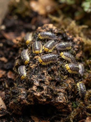 Detailed macro photography of a cluster of high-expression Rubber Ducky isopods on a damp piece of cork bark, soft morning light, shallow depth of field, warm forest earth tones