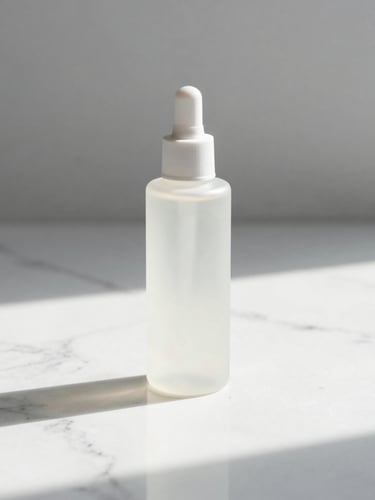 A tight, straight-on geometric shot of a simple, cleanly labeled Product Clean bottle on an immaculate, polished white marble surface under bright, clinical daylight, creating soft shadows.
