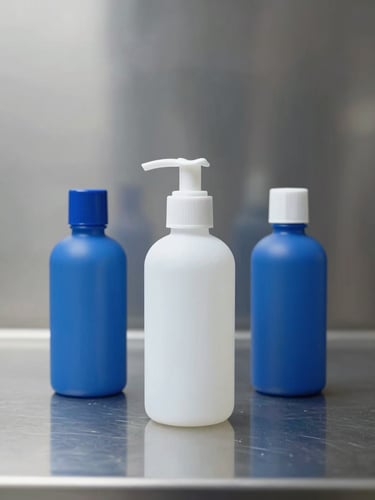 Straight-on studio shot of three minimalist blue and white chemical bottles on a pristine, reflective stainless steel surface, clean daylight.