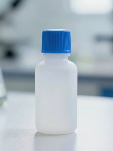 Straight-on macro shot of a clean, minimalist blue-capped chemical bottle on a reflective white surface, bright daylight, clinical studio setting