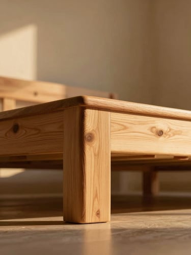 Close-up of hand-carved joinery on a sun-baked cedarwood bed frame, low-angle golden hour sunlight casting soft shadows, warm plaster background