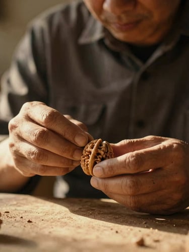 Warm editorial portrait-aspect photograph of a master craftsman's hands carefully inspecting a seasoned walnut joint, soft low-angle golden hour sunlight, shallow depth of field.