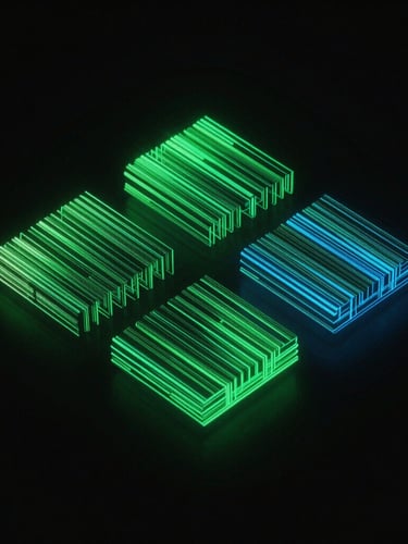 Dark-mode high-contrast 3D render of abstract glowing code structures, neon green emissive lines, sharp geometric grid, isometric angle, octane render