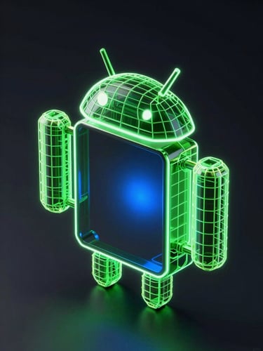 Isometric 3D render of a futuristic Android device frame, glowing neon green wireframe chassis, dark reflective glass, electric blue light source, octane render style