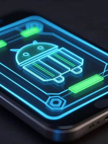 Extreme close-up on a high-fidelity Android device mockup displaying a glowing neon blue wireframe interface, dark low-key studio lighting, octane render, sharp geometric details