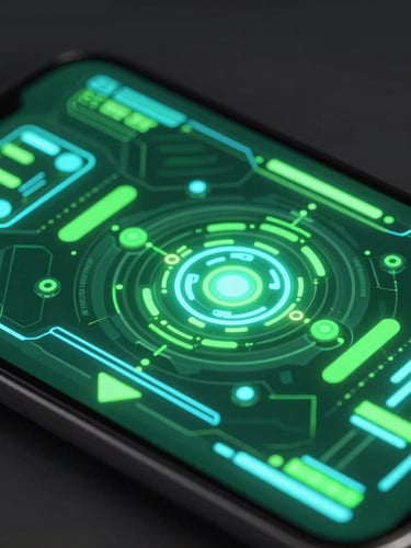 Extreme close-up on a high-fidelity Android device mockup displaying a neon green cyber-industrial game UI, dark studio environment, dramatic emissive lighting, octane render