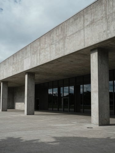 Wide-angle architectural detail of a modern concrete civic institution with sharp geometric shadows under cool overcast light.