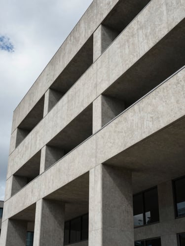 Macro architectural detail of a modern civic financial institution, sharp concrete lines, cast shadows, cool overcast daylight.