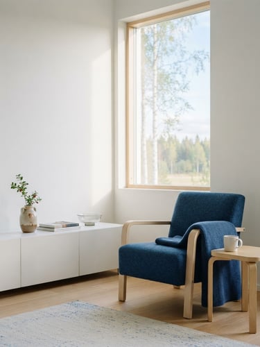 Minimalist clean Finnish home interior, warm morning daylight through a high window, soft shadows, pristine white walls and elegant deep blue textile accents, sharp focus, 35mm