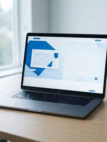 Minimalist clean mockup of a modern business website on a laptop screen, cool northern daylight, soft shadows, crisp blue and white tones, negative space on the right