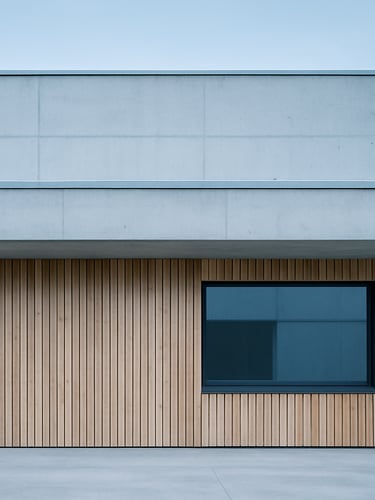 Quiet Finnish architectural lines, modern clean concrete and wood facade under cool northern daylight, minimal composition