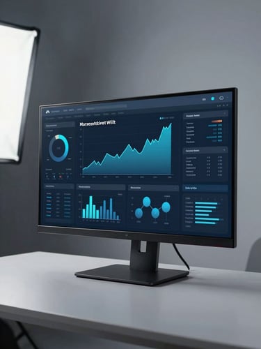 Wide portrait framing of a sleek futuristic marketing analytics dashboard on a dark monitor, cool blue and cyan accent data visualizations showing CTR graphs and engagement spikes, studio strobe lighting from the left, desk surface with minimal clutter, no faces, no text overlays
