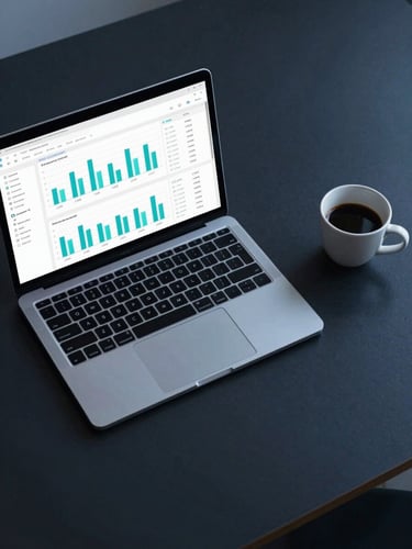 Overhead tight shot of a minimal desk surface under cool studio strobes — open laptop showing a clean analytics dashboard with cyan metric lines, a single espresso cup to the right, no clutter, dark charcoal surface, blue-hour tones