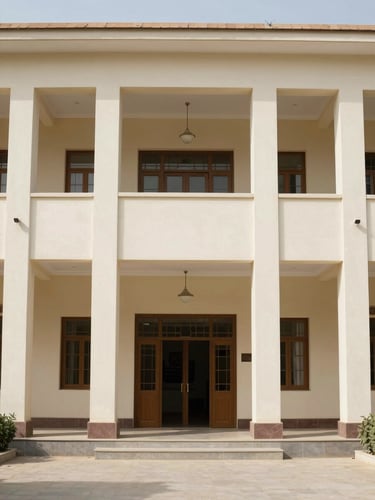 Symmetrical environmental shot of a clean Syrian institutional building lobby with bright daylight, muted national colors, sharp focus, 35mm