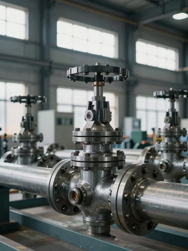 Close-up of a heavy industrial mechanical system installation, steel pipes and precision valves, cool daylight streaming through high warehouse windows