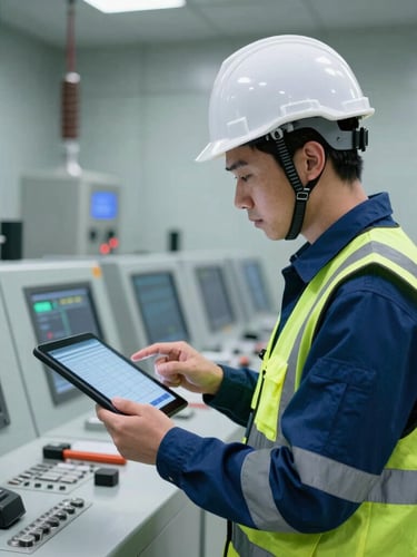 An engineer wearing high-visibility gear and a hardhat reviewing digital telemetry data on a tablet inside a high-voltage control room, cool steel lighting