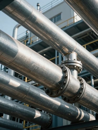Low-angle heroic shot of industrial facility with steel piping, cool high-contrast daylight, sharp technical details, 35mm
