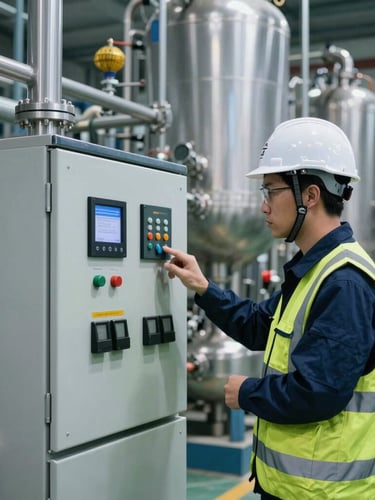 Industrial engineer wearing high-visibility gear and a hardhat inspecting a newly retrofitted control panel in a chemical processing plant