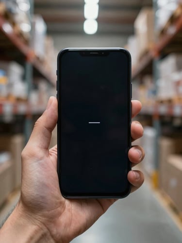 Close-up of a hand holding an Android device in a warehouse setting, a minimal scan confirmation screen on display, soft diffuse overhead light, blurred shelving in background