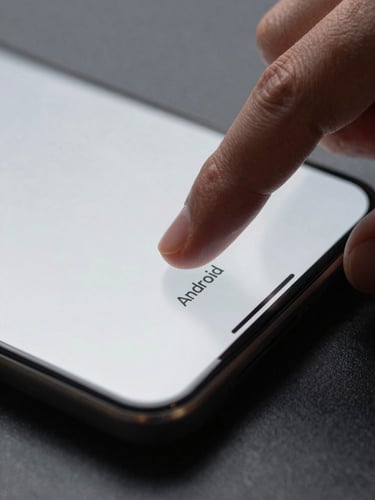 Extreme close-up of a finger resting on an Android device screen, a single clearly labeled UI button in sharp focus, soft overcast studio light, dark matte desk surface visible at the edge