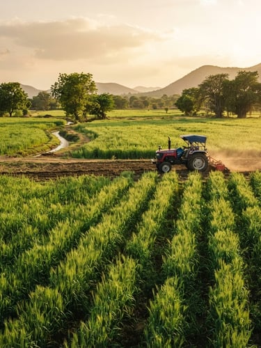 Wide environmental shot of a lush, sunlit crop field in India during golden hour, a modern tractor operating in the background, warm editorial photography, 35mm lens
