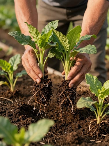 Hands of a farmer holding healthy root systems with rich dark soil, close-up shot, natural daylight, showing modern sustainable farming techniques