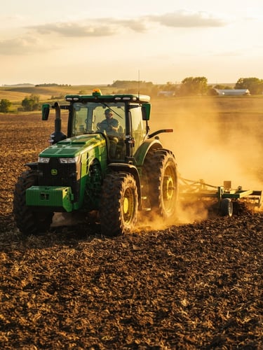 A medium-close shot of a modern green tractor working in a rich brown soil field during golden hour, dust kicking up in the warm sunlight, sharp focus, 35mm lens.