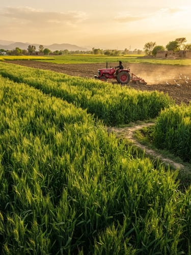 Wide environmental landscape of a lush high-yield crop field in India, a modern tractor operating in the background under bright natural golden-hour sunlight, rich earth tones