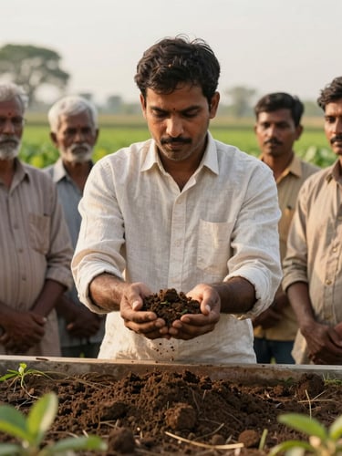 A medium-close shot of an agricultural scientist in a light linen shirt demonstrating soil testing to a group of Indian farmers, outdoors under soft overcast daylight, sharp focus on hands holding soil
