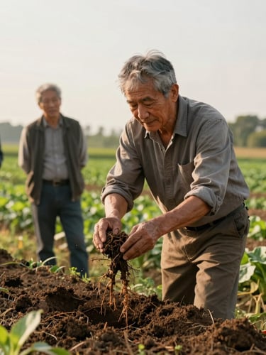 Medium-close shot of a seasoned farmer showing healthy soil and root systems to agricultural researchers in an open green field, natural overcast daylight, warm earth tones