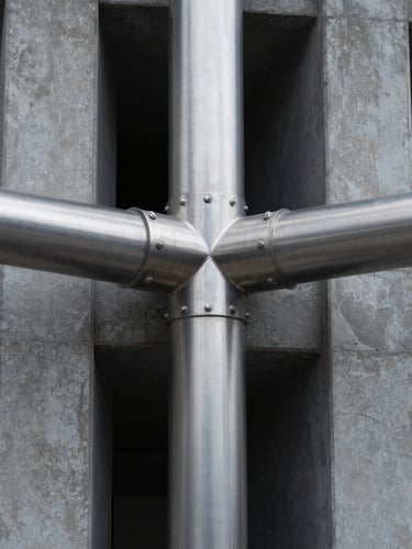 Macro shot of polished steel architectural joints and structured concrete pillars, sharp dramatic lighting, 35mm