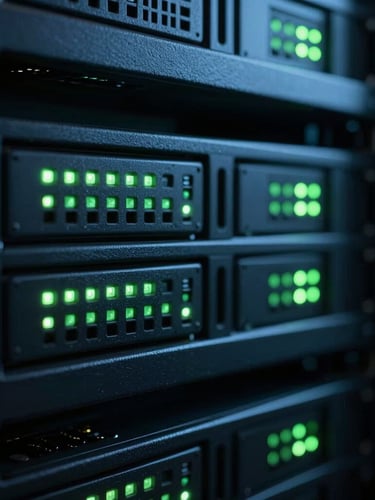 Macro close-up of dark server racks in a datacenter, sharp neon green LED indicator lights, low-key ambient lighting, 35mm lens, cinematic depth of field