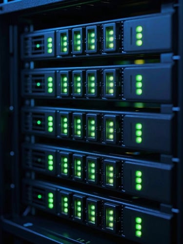Macro close-up of high-density server rack blades in a dark datacenter, sharp neon green LED indicators pulsing, low-key cinematic lighting, 35mm lens.