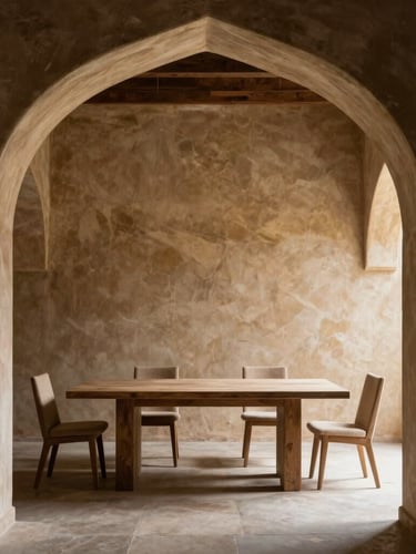 High-contrast shot of a minimalist dining table under a massive raw lime-plaster archway, deep shadows, Jodhpur sandstone texture.