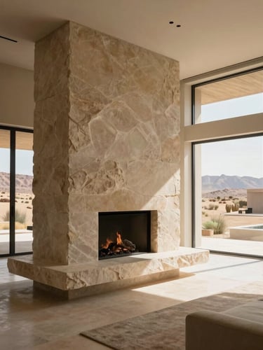 A wide, dramatic interior view of a modern villa living space, featuring a massive monolithic sandstone fireplace and floor-to-ceiling glass looking out to a desert courtyard.