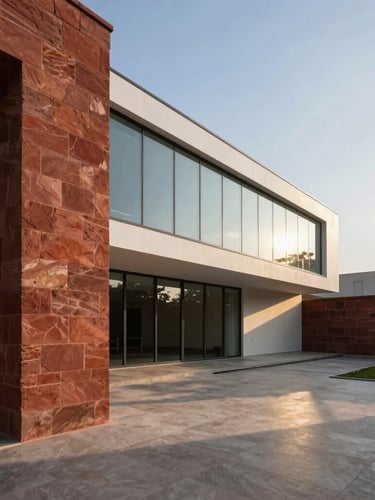 Wide-angle architectural photograph of a modern Jodhpur villa courtyard, where a monolithic red sandstone pillar meets a clean minimalist glass facade, casting a sharp geometric shadow at golden hour.