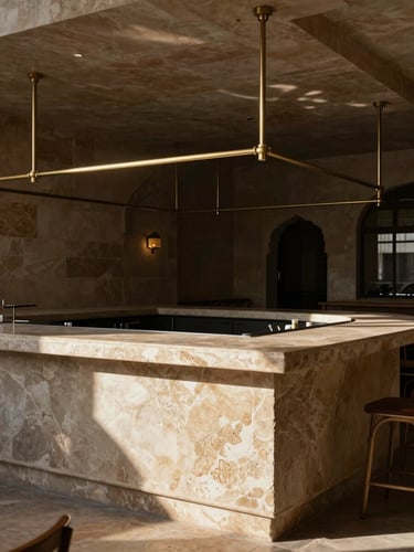 A modern restaurant interior in Jodhpur, high-contrast directional light hitting a monolithic sandstone bar counter, modern brass light fixtures hanging above.