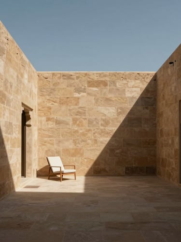 Wide architectural photograph of a minimalist Jodhpur villa courtyard, intense afternoon sun casting deep geometric shadows on raw sandstone walls, a single clean-lined lounge chair.