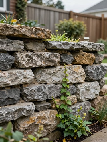 Close-up of a mortared stone retaining wall in a North York residential garden, overcast natural light showing the texture of aged limestone blocks and established groundcover creeping between joints, real yard fence visible in the background