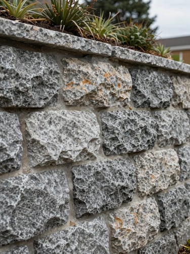 Close-up of a natural stone retaining wall built on a sloped North York lot — rough-cut granite courses, tight joints, a planted bed beginning to establish at the top course, overcast daylight showing material color and texture faithfully, no people