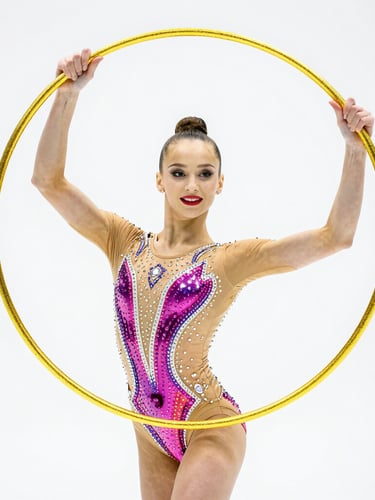 Sharp studio portrait of a rhythmic gymnast posing with a golden hoop, wearing a custom leotard with intricate mesh panels and hand-applied crystals, bright high-key lighting, 85mm lens.