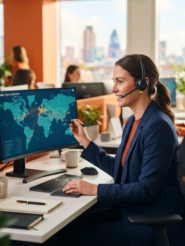 Dynamic mid-shot of corporate travel coordinator with headset looking at a digital map screen, bright natural office lighting, warm orange accents, sharp focus, 35mm lens