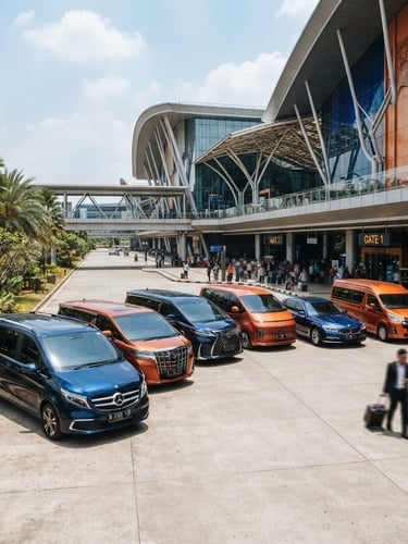 Wide-angle dynamic shot of a modern executive transport fleet parked outside a contemporary Jakarta terminal, bright natural daylight, rich orange and deep blue tones