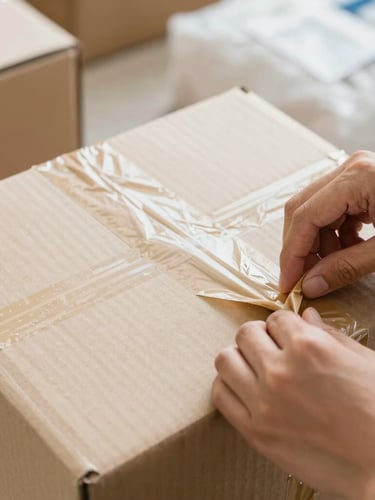 Close-up of hands carefully sealing a cardboard box with heavy tape, natural daylight, authentic humanitarian aid setting