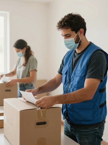 Plan medio de un voluntario con chaleco azul organizando cajas de ayuda humanitaria bajo luz natural clara, estilo documental.