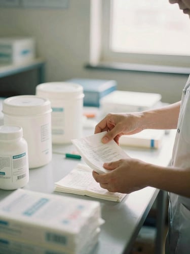 Hands sorting medical supplies in a bright warehouse, warm natural daylight, authentic documentary style, muted hopeful tones