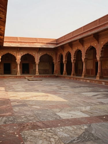 Wide environmental shot of an 18th-century Rajasthani palace courtyard at golden hour, intricate stone carvings, long shadows on marble floors, warm editorial photography, 35mm