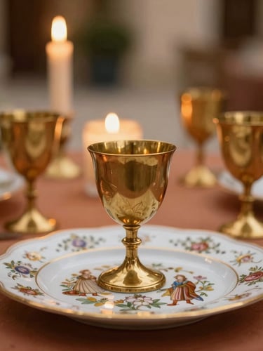 Close-up macro shot of a royal dining setup, hand-painted porcelain, brass goblets, warm flickering candlelight, shallow depth of field