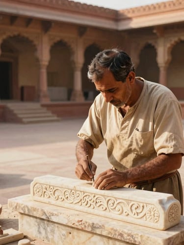 Warm editorial portrait of a traditional stone craftsman working on intricate marble carvings in a sunlit palace courtyard, 35mm.